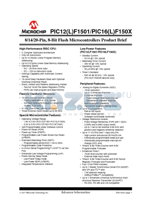 PIC12LF1501 datasheet - 8/14/20-Pin, 8-Bit Flash Microcontrollers Product Brief