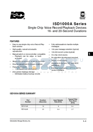 ISD1000A datasheet - Single-Chip Voice Record/Playback Devices 16- and 20-Second Durations