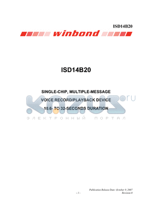 ISD14B20X datasheet - SINGLE-CHIP, MULTIPLE-MESSAGE VOICE RECORD/PLAYBACK DEVICE 10.6- TO 32-SECONDS DURATION