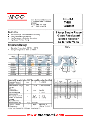 GBU4A datasheet - 4 Amp Single Phase Glass Passivated Bridge Rectifier 50 to 1000 Volts