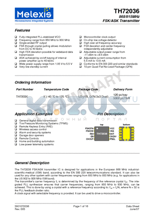 TH72036KLD datasheet - 868/915MHz FSK/ASK Transmitter