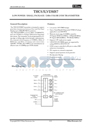 THC63LVDM87 datasheet - LOW POWER / SMALL PACKAGE / 24Bit COLOR LVDS TRANSMITTER