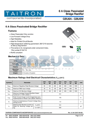 GBU6J datasheet - 6 A Glass Passivated Bridge Rectifier