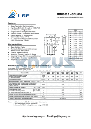 GBU804 datasheet - 8.0A GLASS PASSIVATED BRIDGE RECTIFIER