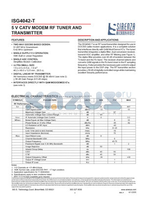 ISG4042-T datasheet - 5V CATV MODEM RF TUNER AND TRANSMITTER