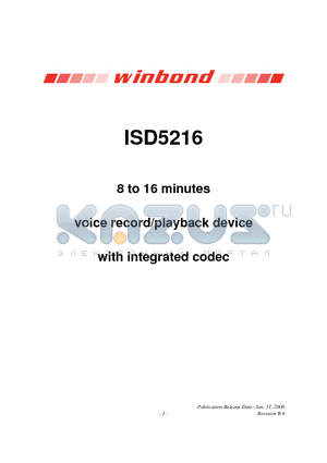 ISD5216SYI datasheet - 8 to 16 minutes voice record/playback device with integrated codec