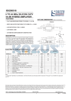 ISG56518 datasheet - 5 TO 65 MHz SILICON CATV 18 dB HYBRID AMPLIFIER