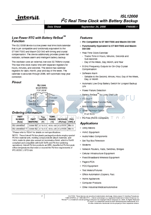 ISL12008IB8Z-T datasheet - I2C Real Time Clock with Battery Backup