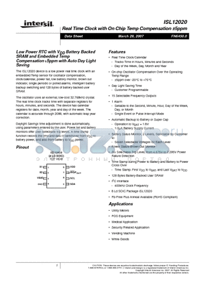ISL12020IBZ datasheet - Low Power RTC with VDD Battery Backed SRAM and Embedded Temp Compensation a5ppm with Auto Day Light Saving