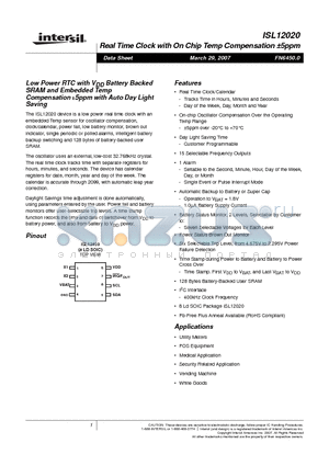 ISL12020CBZ datasheet - Low Power RTC with VDD Battery Backed SRAM and Embedded Temp Compensation a5ppm with Auto Day Light Saving