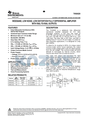 THS4520 datasheet - WIDEBAND, LOW NOISE, LOW DISTORTION FULLY DIFFERENTIAL AMPLIFIER WITH RAIL-TO-RAIL OUTPUTS