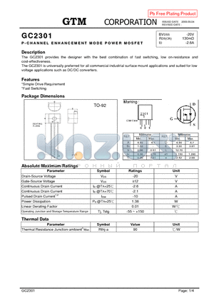 GC2301 datasheet - P-CHANNEL ENHANCEMENT MODE POWER MOSFET