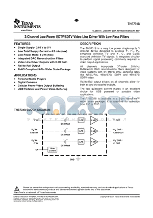 THS7318 datasheet - 3-Channel Low-Power EDTV/SDTV Video Line Driver With Low-Pass Filters