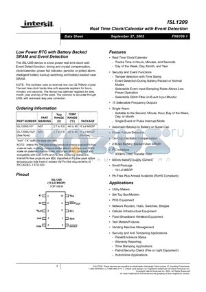 ISL1209IU10Z-TK datasheet - Low Power RTC with Battery Backed SRAM and Event Detection