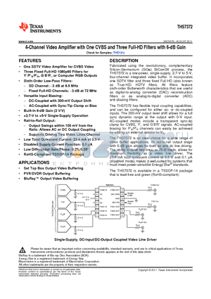 THS7372 datasheet - 4-Channel Video Amplifier with One CVBS and Three Full-HD Filters with 6-dB Gain