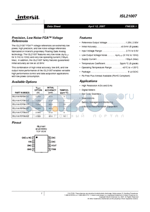 ISL21007 datasheet - Precision, Low Noise FGA Voltage References