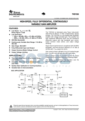 THS7530PWPG4 datasheet - HIGH-SPEED, FULLY DIFFERENTIAL, CONTINUOUSLY VARIABLE GAIN AMPLIFIER