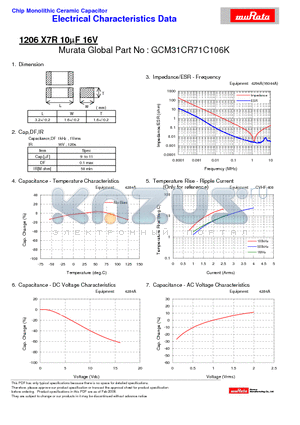 GCM31CR71C106K datasheet - Chip Monolithic Ceramic Capacitor 1206 X7R 10lF 16V