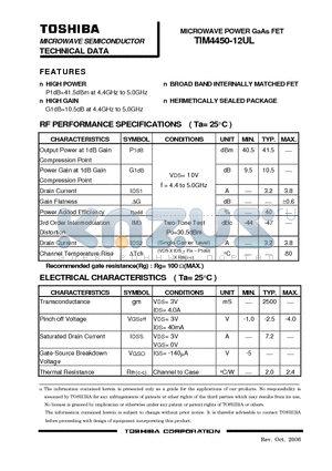 TIM4450-12UL datasheet - HIGH POWER P1dB=41.5dBm at 4.4GHz to 5.0GHz