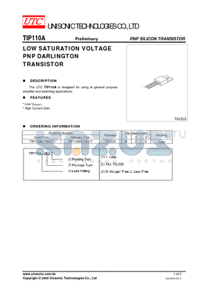 TIP110AL-TA3-T datasheet - LOW SATURATION VOLTAGE PNP DARLINGTON TRANSISTOR