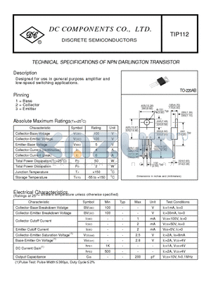 TIP112 datasheet - TECHNICAL SPECIFICATIONS OF NPN DARLINGTON TRANSISTOR