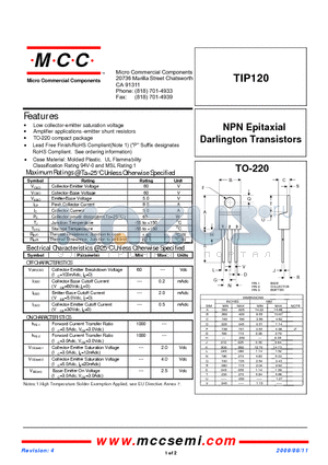 TIP120-BP datasheet - NPN Epitaxial Darlington Transistors