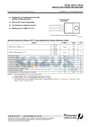 TIP121 datasheet - NPN SILICON POWER DARLINGTONS