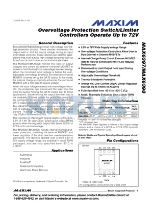 MAX6397-ATA-T datasheet - Overvoltage Protection Switch/Limiter Controllers Operate Up to 72V