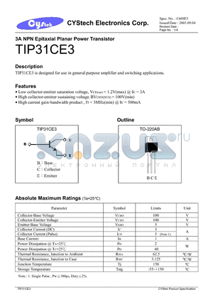 TIP31CE3 datasheet - 3A NPN Epitaxial Planar Power Transistor