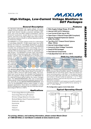 MAX6457 datasheet - High-Voltage, Low-Current Voltage Monitors in SOT Packages