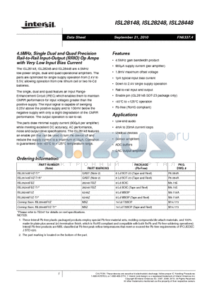 ISL28148FHZ-T7A datasheet - 4.5MHz, Single Dual and Quad Precision Rail-to-Rail Input-Output RRIO Op Amps with Very Low Input Bias Current