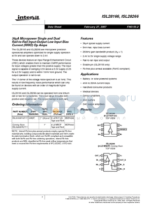 ISL28166 datasheet - 39uA Micropower Single and Dual Rail-to-Rail Input-Output Low Input Bias Current (RRIO) Op Amps