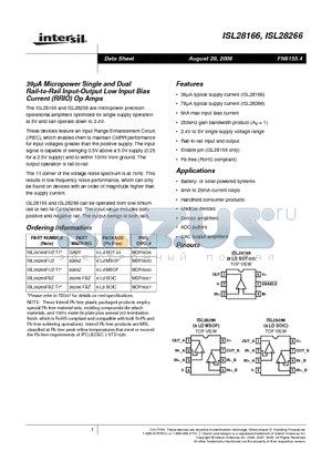 ISL28166FHZ-T7 datasheet - 39lA Micropower Single and Dual Rail-to-Rail Input-Output Low Input Bias Current (RRIO) Op Amps