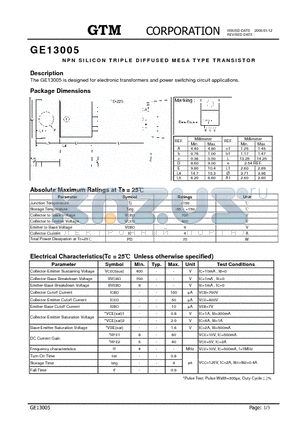 GE13005 datasheet - NPN SILICON TRIPLE DIFFUSED MESA TYPE TRANSISTOR