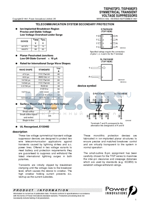 TISP4082F3 datasheet - SYMMETRICAL TRANSIENT VOLTAGE SUPPRESSORS