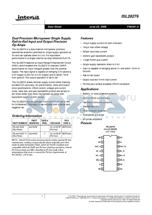 ISL28276IAZ datasheet - Dual Precision Micropower Single Supply Rail-to-Rail Input and Output Precision Op-Amps