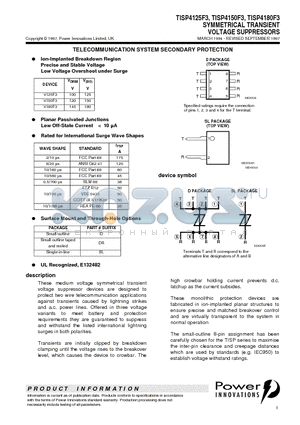 TISP4125F3 datasheet - SYMMETRICAL TRANSIENT VOLTAGE SUPPRESSORS