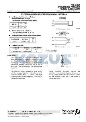 TISP4240LP datasheet - SYMMETRICAL TRANSIENT VOLTAGE SUPPRESSORS