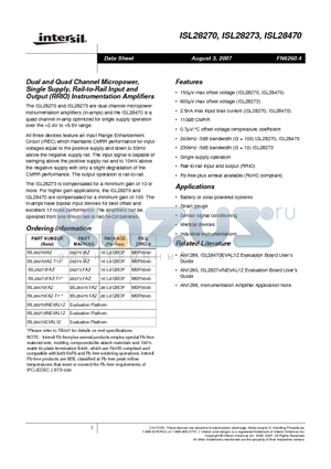 ISL28470FAZ-T7 datasheet - Dual and Quad Channel Micropower, Single Supply, Rail-to-Rail Input and Output (RRIO) Instrumentation Amplifiers