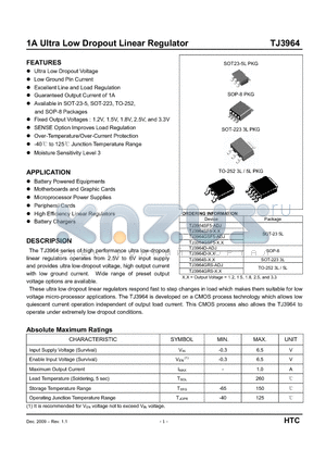 TJ3964 datasheet - 1A Ultra Low Dropout Linear Regulator
