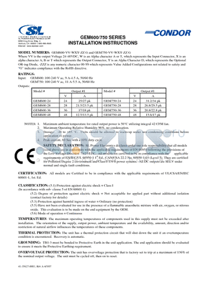 GEM600-36 datasheet - Where VV is the output Voltage 24-48VDC, W is an Alpha character A or T, which represents the Input Connector, X is an alpha character A, B or T which represents the Output Connector...