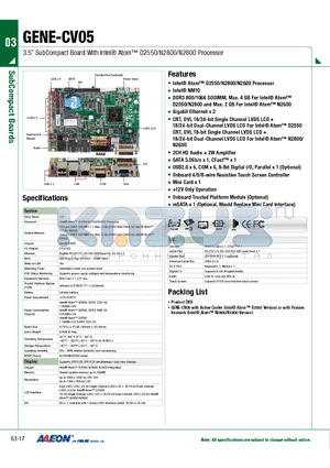 GENE-CV05 datasheet - 3.5 SubCompact Board With Intel Atom D2550/N2800/N2600 Processor