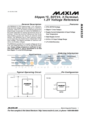 MAX6520 datasheet - 50ppm/`C, SOT23, 3-Terminal, 1.2V Voltage Reference