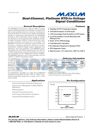 MAX6603 datasheet - Dual-Channel, Platinum RTD-to-Voltage Signal Conditioner