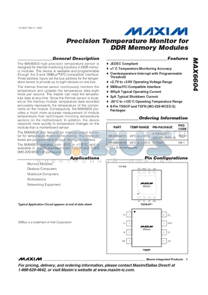 MAX6604AHA datasheet - Precision Temperature Monitor for DDR Memory Modules