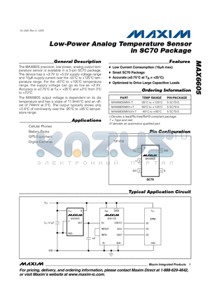 MAX6605MXK-T datasheet - Low-Power Analog Temperature Sensor in SC70 Package