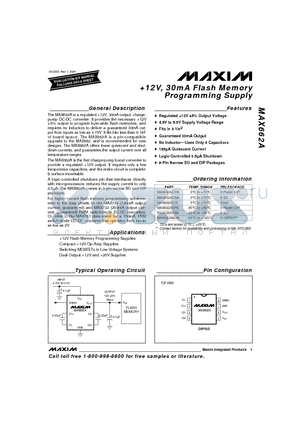 MAX662A datasheet - 12V, 30mA Flash Memory Programming Supply