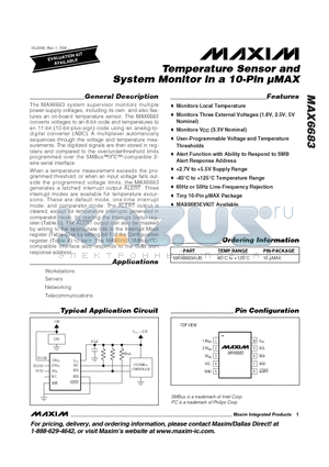 MAX6683 datasheet - Temperature Sensor and System Monitor in a 10-Pin lMAX