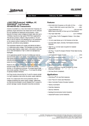 ISL3259EIUZ datasheet - a15kV ESD Protected, 100Mbps, 5V, PROFIBUS^, Full Fail-safe, RS-485/RS-422 Transceivers