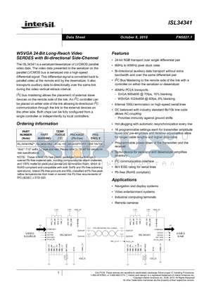 ISL34341 datasheet - WSVGA 24-Bit Long-Reach Video SERDES with Bi-directional Side-Channel